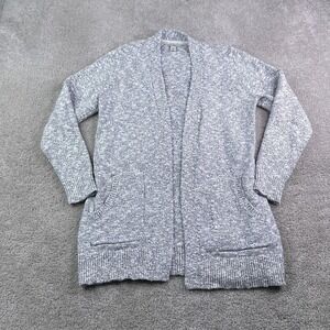 LL Bean Sweater Womens Medium Grey Open Front Cardigan Cotton Ragg Pockets